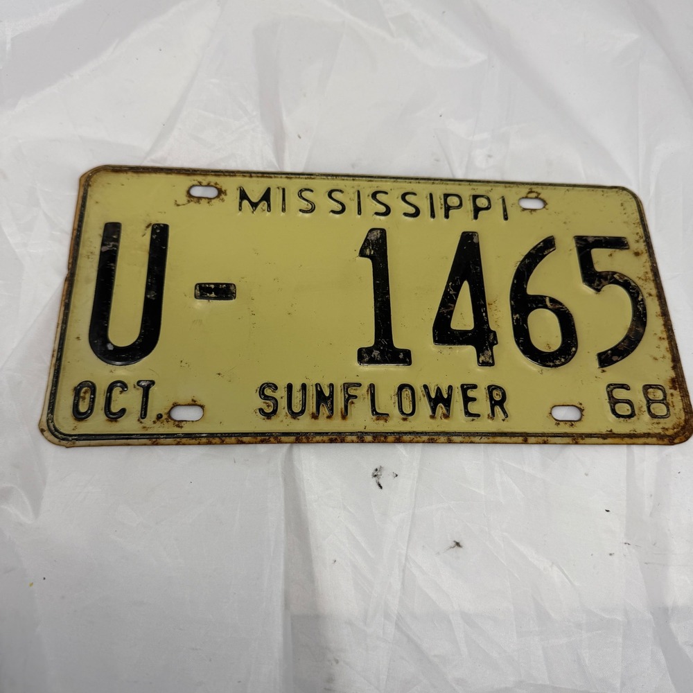 Vintage 1968 Mississippi Sunflower County License Plate U-1465 Yellow Metal Tag